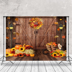 Lofaris Wooden Door Maple Leaves Wreath Pumpkin Autumn Backdrop