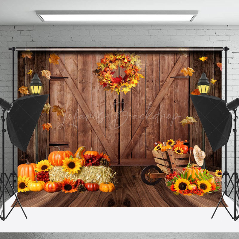 Lofaris Wooden Door Maple Leaves Wreath Pumpkin Autumn Backdrop