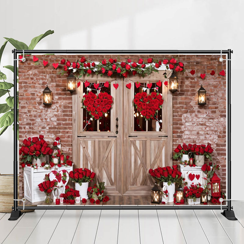 Lofaris Wooden Door Red Heart Floral Valentines Day Backdrop