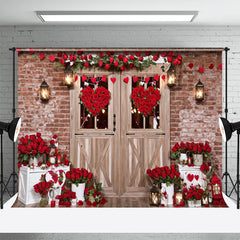 Lofaris Wooden Door Red Heart Floral Valentines Day Backdrop