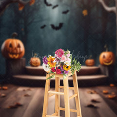 Lofaris Wooden Forest Pumpkin Lantern Halloween Backdrop