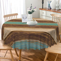 Lofaris Wooden Grain Stripes Brown Cyan Round Tablecloth