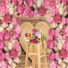 Lofaris Wooden Heart Pink White Rose Valentines Day Backdrop