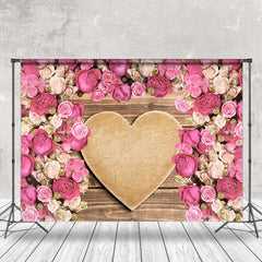 Lofaris Wooden Heart Pink White Rose Valentines Day Backdrop