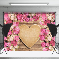 Lofaris Wooden Heart Pink White Rose Valentines Day Backdrop