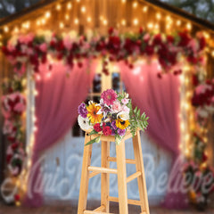 Lofaris Wooden House And Pink Curtain Light Floral Backdrop