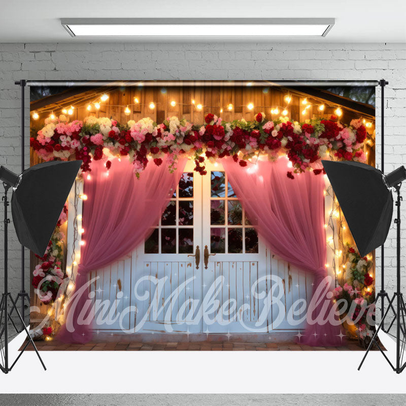 Lofaris Wooden House And Pink Curtain Light Floral Backdrop