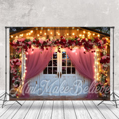 Lofaris Wooden House And Pink Curtain Light Floral Backdrop