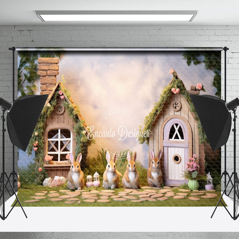 Lofaris Wooden House Rabbit Floral Lawn Easter Backdrop