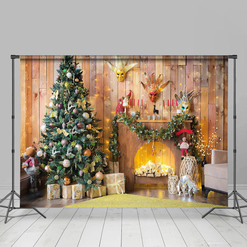 Lofaris Wooden House Tree Gifts Fireplace Christmas Backdrop