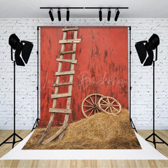 Lofaris Wooden Ladder Wheel Straw Red Wall Photo Backdrop