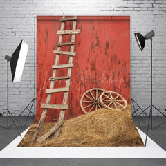 Lofaris Wooden Ladder Wheel Straw Red Wall Photo Backdrop