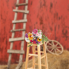 Lofaris Wooden Ladder Wheel Straw Red Wall Photo Backdrop