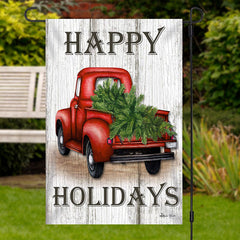 Lofaris Wooden Red Truck Pine Tree Christmas Garden Flag