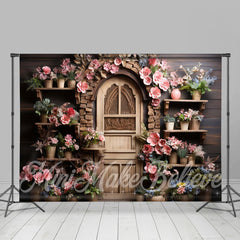 Lofaris Wooden Retro Door Shelf Wall Pink Flower Backdrop