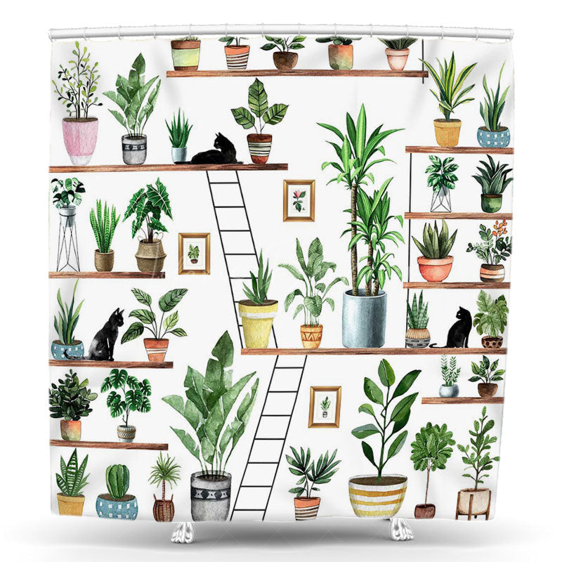 Lofaris Wooden Shelves Potted Plants Spring Shower Curtain