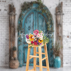 Lofaris Wooden Teal Arch Door Brick Wall Wedding Backdrop