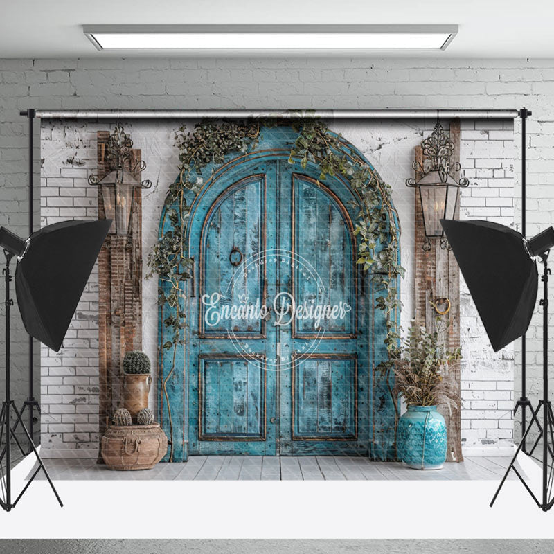 Lofaris Wooden Teal Arch Door Brick Wall Wedding Backdrop