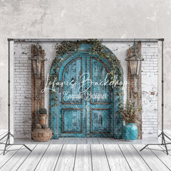 Lofaris Wooden Teal Arch Door Brick Wall Wedding Backdrop