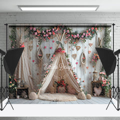 Lofaris Wooden Wall Pink Floral Boho Tent Wedding Backdrop