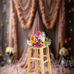 Lofaris Wooden Wall Pink Gauze White Rose Floral Backdrop