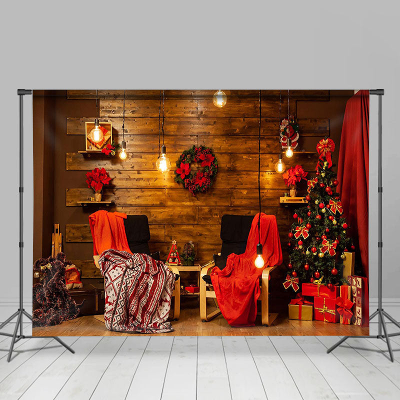 Lofaris Wooden Wall Warm Light Xmas Tree Christmas Backdrop