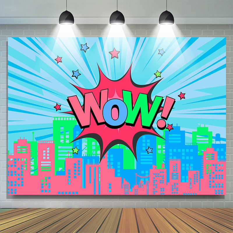 Lofaris Wow Star Pink Blue Building Girls Party Backdrop