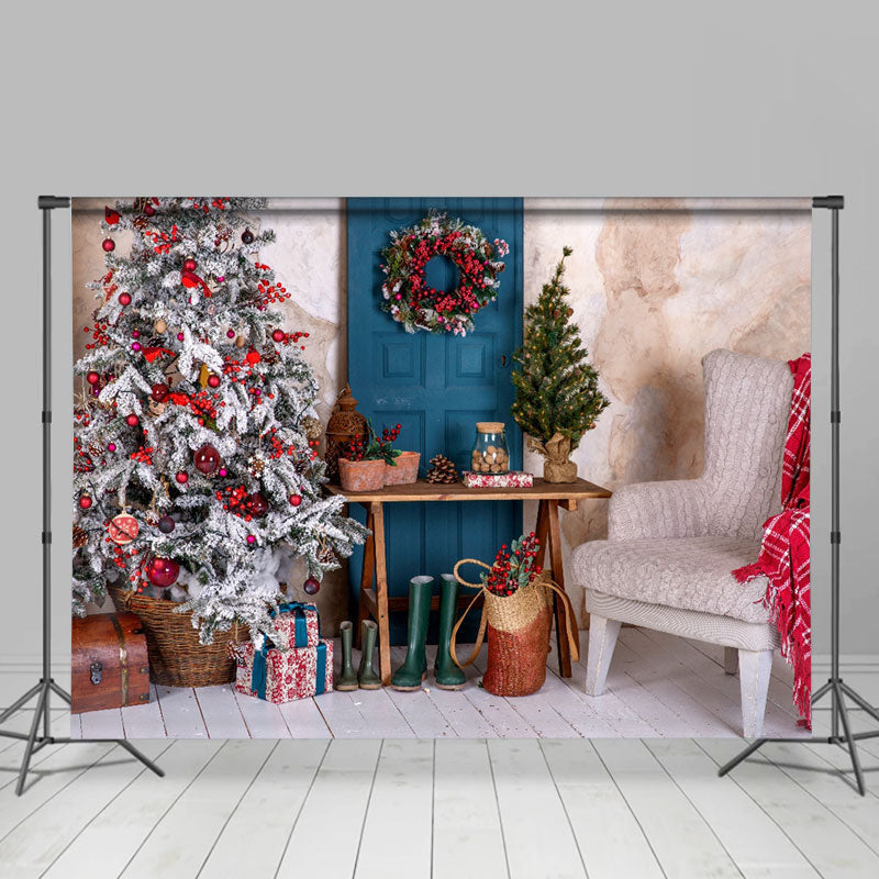 Lofaris Wreath Blue Door Christmas Tree Photography Backdrop