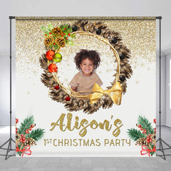 Lofaris Wreath Gold Custom Photo 1st Christmas Backdrop