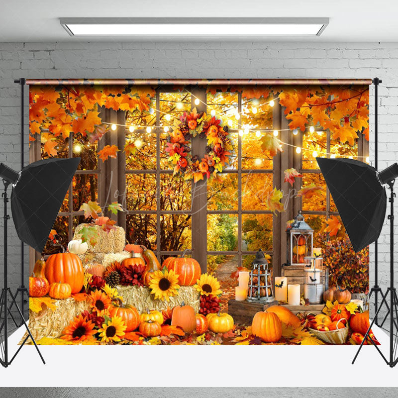 Lofaris Wreath Pumpkin Window Autumn Photography Backdrop