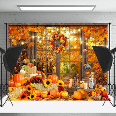 Lofaris Wreath Pumpkin Window Autumn Photography Backdrop