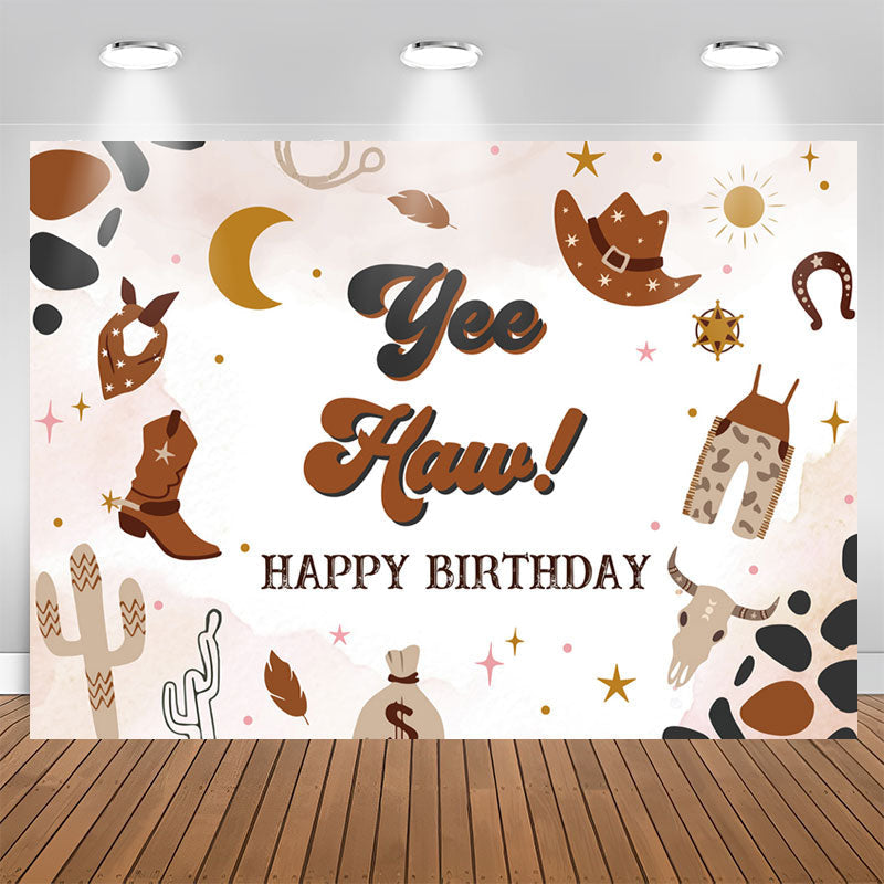 Yee Haw Western Cowboy Brown Happy Birthday Backdrop - Lofaris