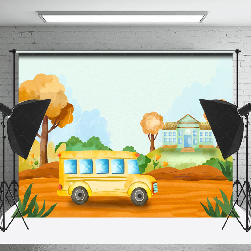 Lofaris Yellow Bus Road Back To School Cake Smash Backdrop