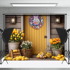 Lofaris Yellow Door Floral Rabbit Wreath Easter Backdrop