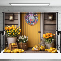 Lofaris Yellow Door Floral Rabbit Wreath Easter Backdrop