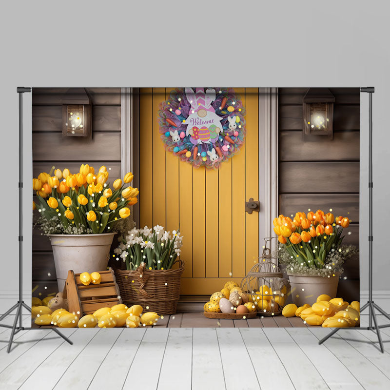 Lofaris Yellow Door Floral Rabbit Wreath Easter Backdrop