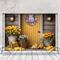 Lofaris Yellow Door Floral Rabbit Wreath Easter Backdrop