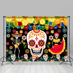 Lofaris Yellow Floral Dancing Skeleton Mexican Fiesta Backdrop