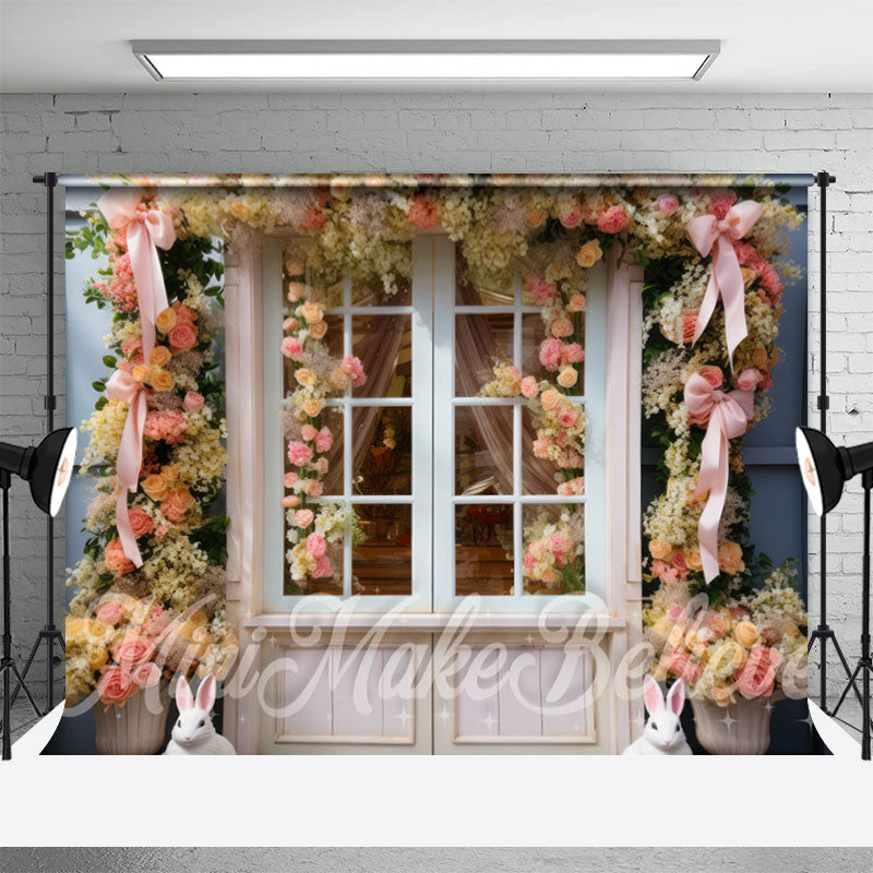 Lofaris Yellow Flower Pink Bow Tie Wood Door Easter Backdrop