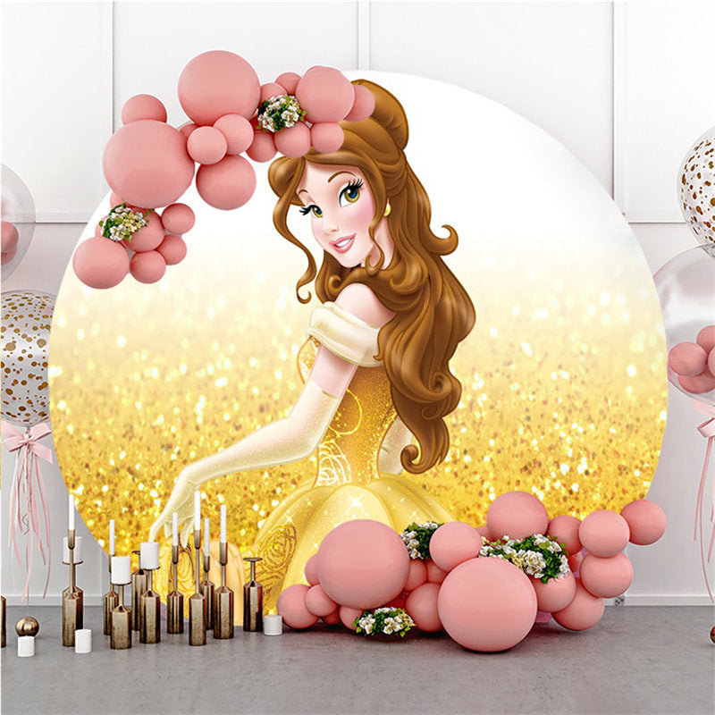 Lofaris Yellow Glitter Princess Round Birthday Party Backdrop