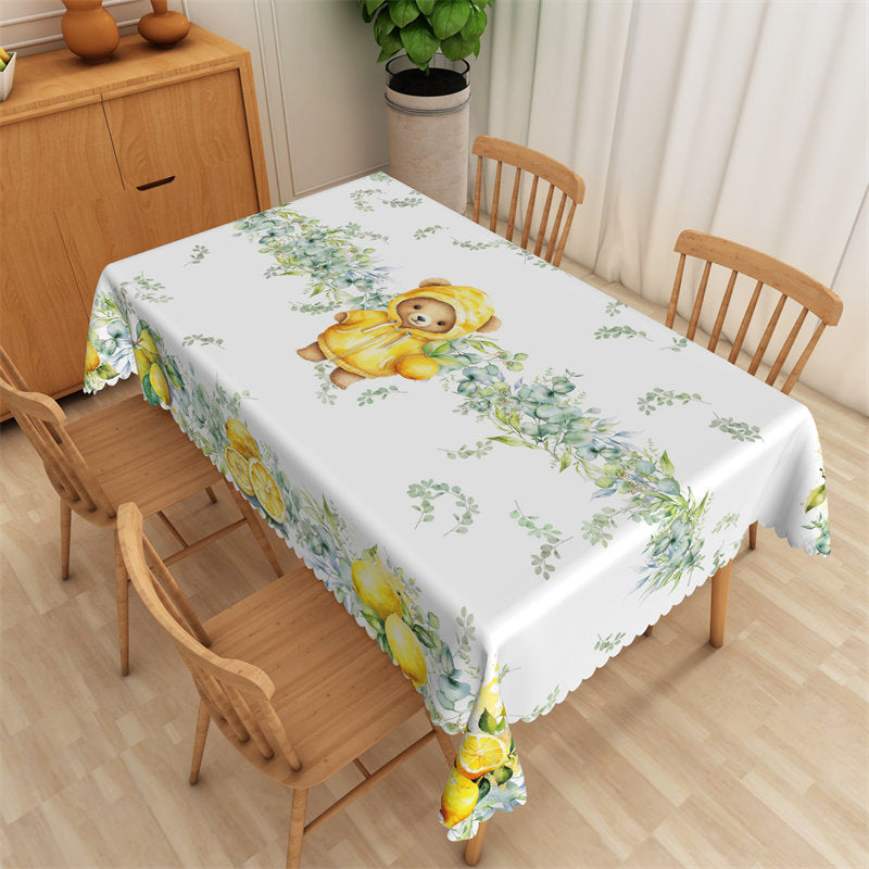 Lofaris Yellow Lemon Teddy Bear Green Leaves Tablecloth