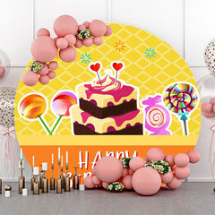 Lofaris Yellow Orange Candyland Cake Round Birthday Backdrop