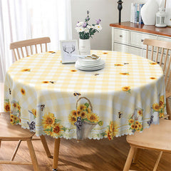 Lofaris Yellow Plaid Sunflowers Bee Pattern Round Tablecloth