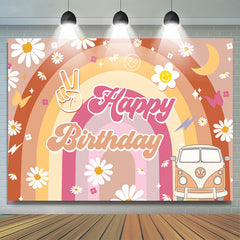 Lofaris Yellow Rainbow Daisy Truck Groovy Birthday Backdrop