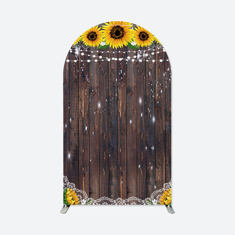 Lofaris Yellow Sunflower Retro Brown Wooden Arch Backdrop