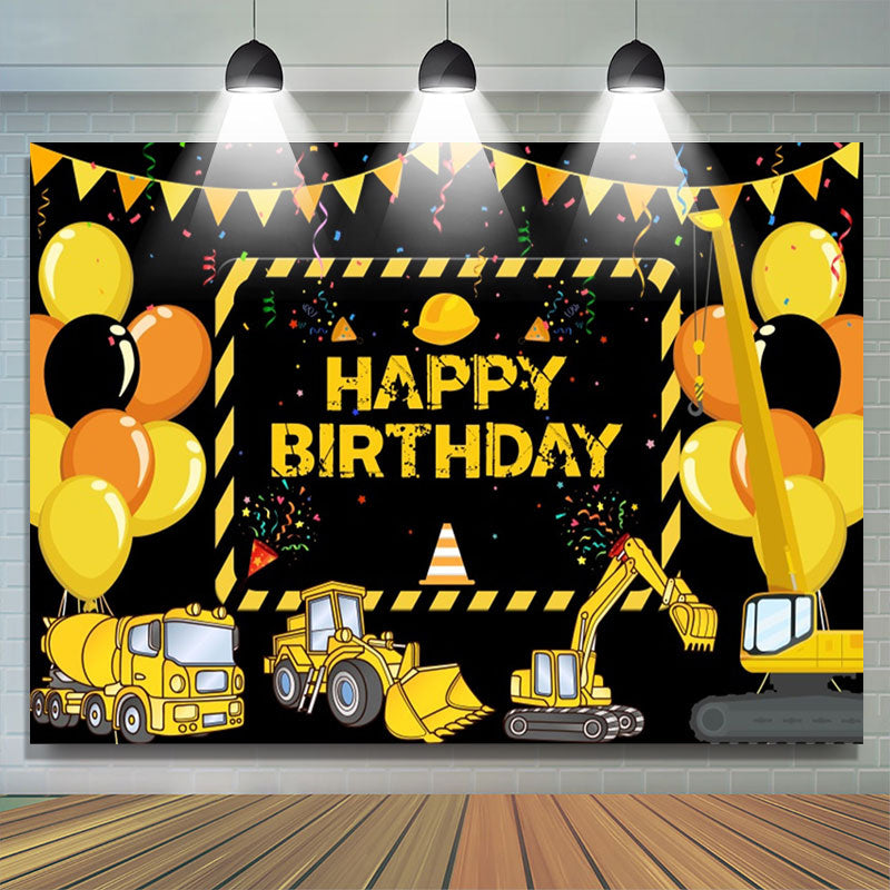 Lofaris Yellow Truck Balloons Ribbons Birthday Backdrop