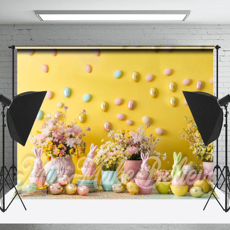 Lofaris Yellow Wall Floral Gold Eggs Photo Easter Backdrop