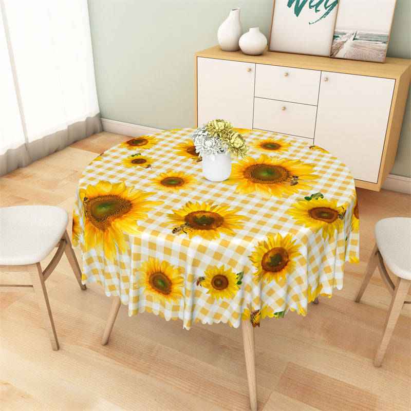 Lofaris Yellow White Checkered Sunflower Round Tablecloth