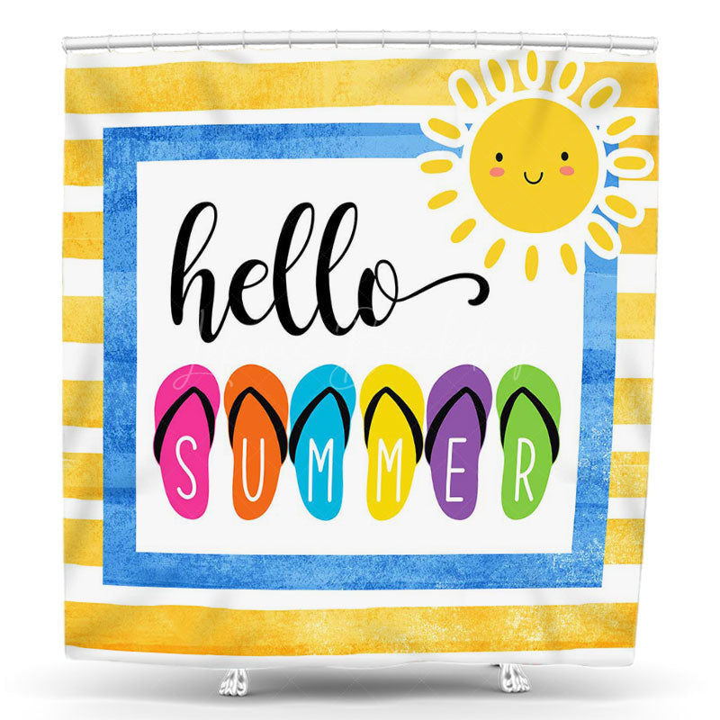 Lofaris Yellow White Sun Stripe Hello Summer Shower Curtain