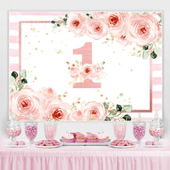 Lofaris 1st Birthday Pink Floral Stripe Backdrop for Girls